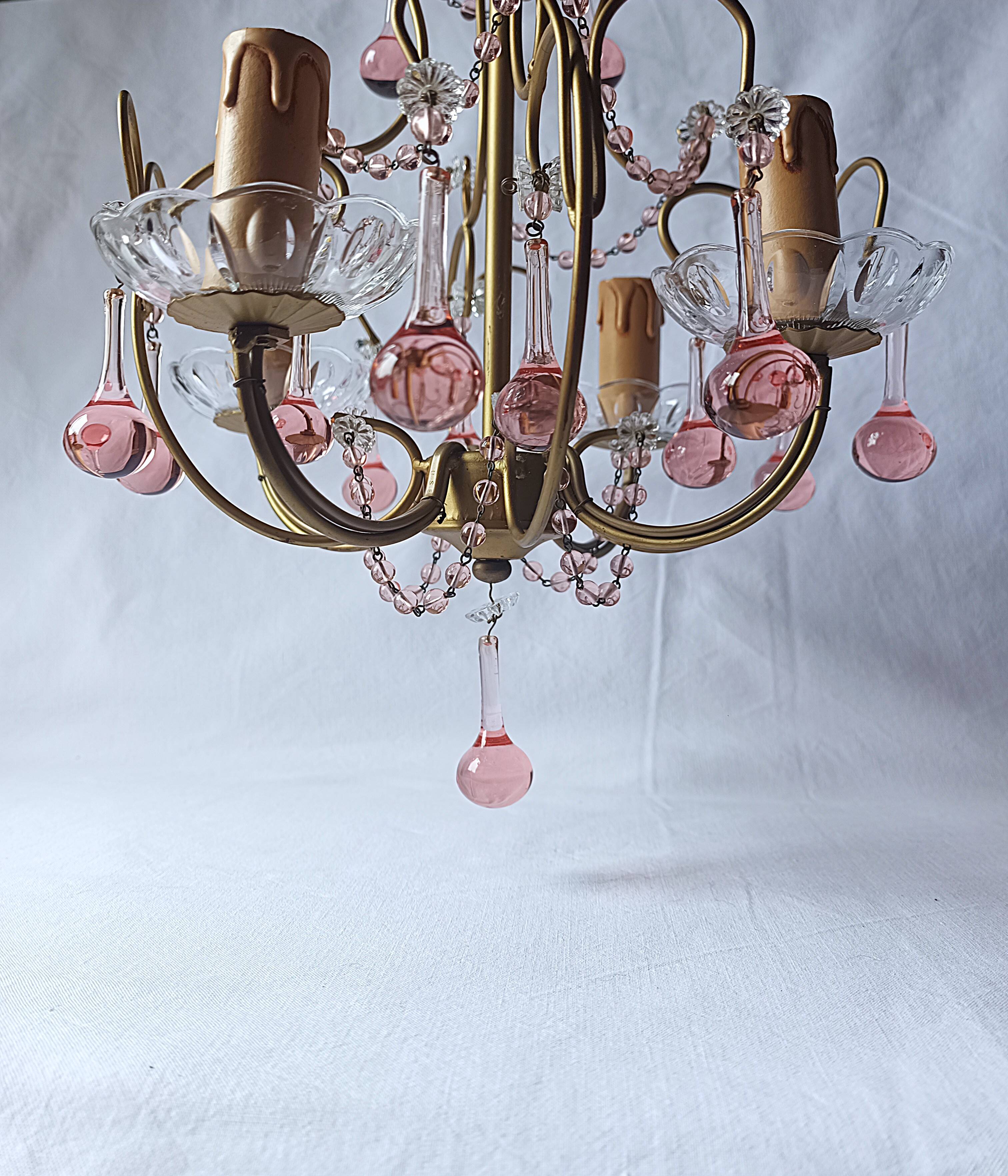 Vintage Murano drop pendant chandelier with pearl flower, 4 lights.