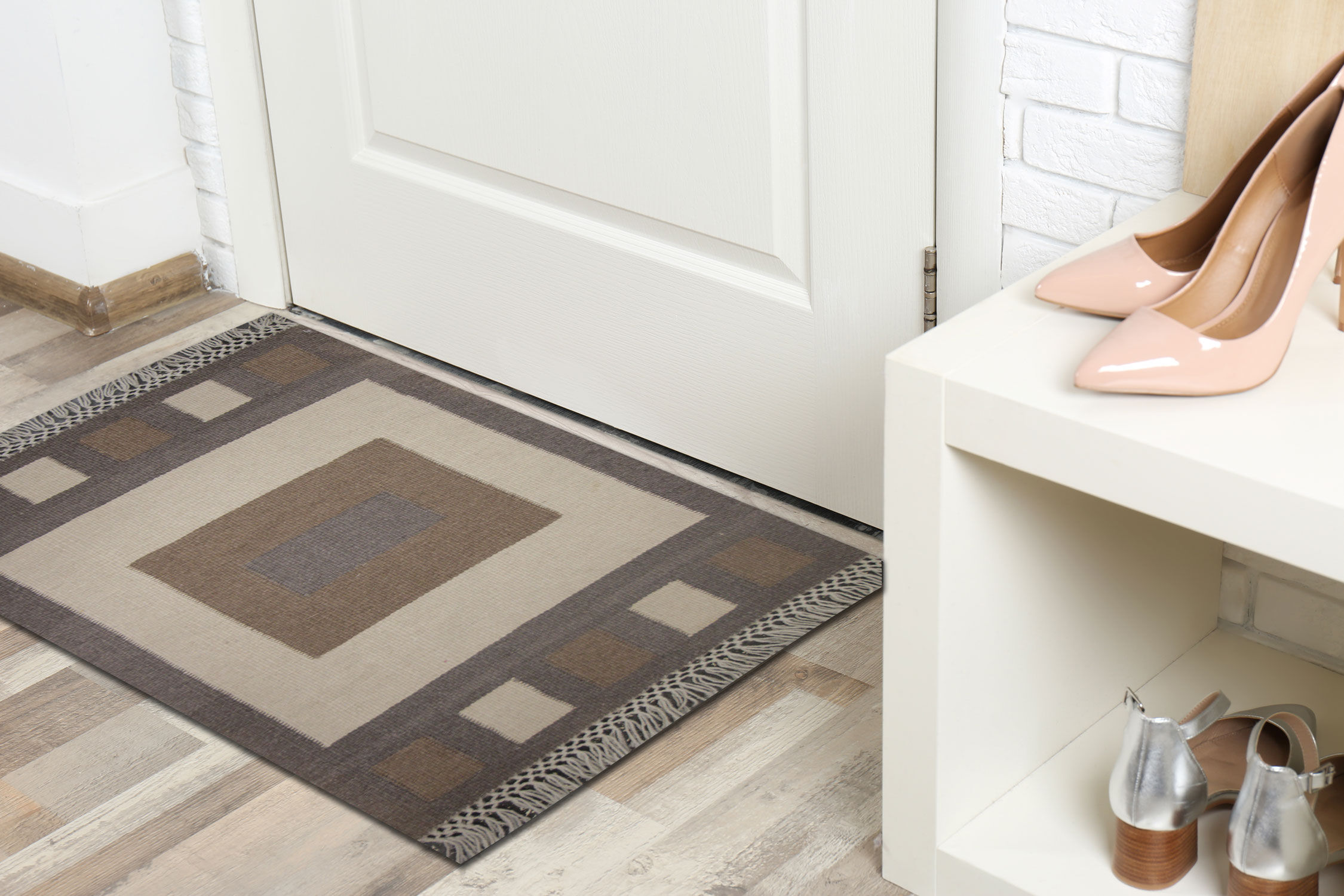 Handwoven Wool Door Mat Modern Brown Cream Rug- 61x91cm
