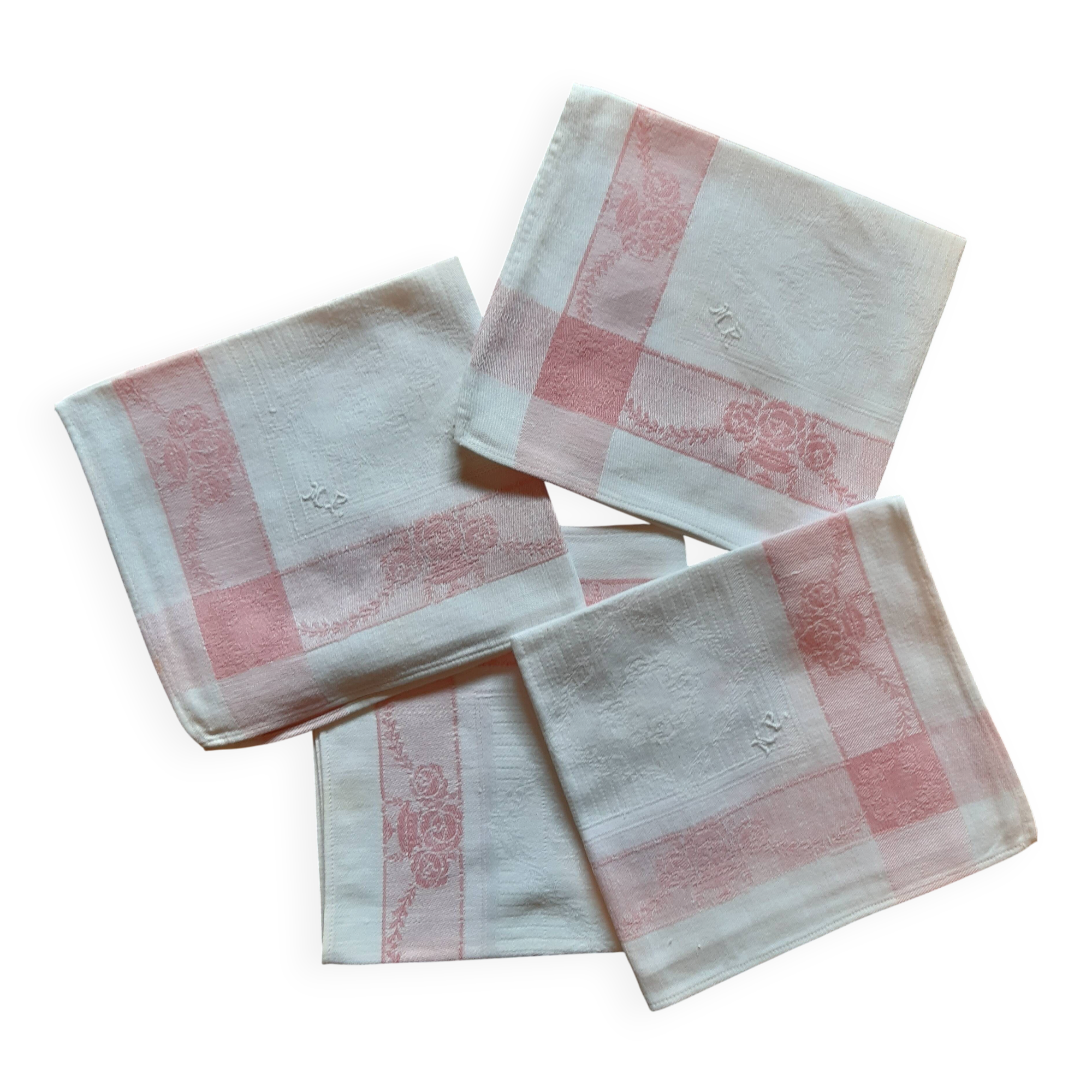 4 embroidered napkins on thread, tea service. Pink trim. Initials M.P.