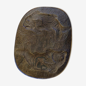 Wenge monoxyl carved dish decorated with fish