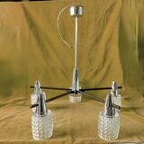 Large modernist chandelier in chromed metal and textured glass - 5 arms