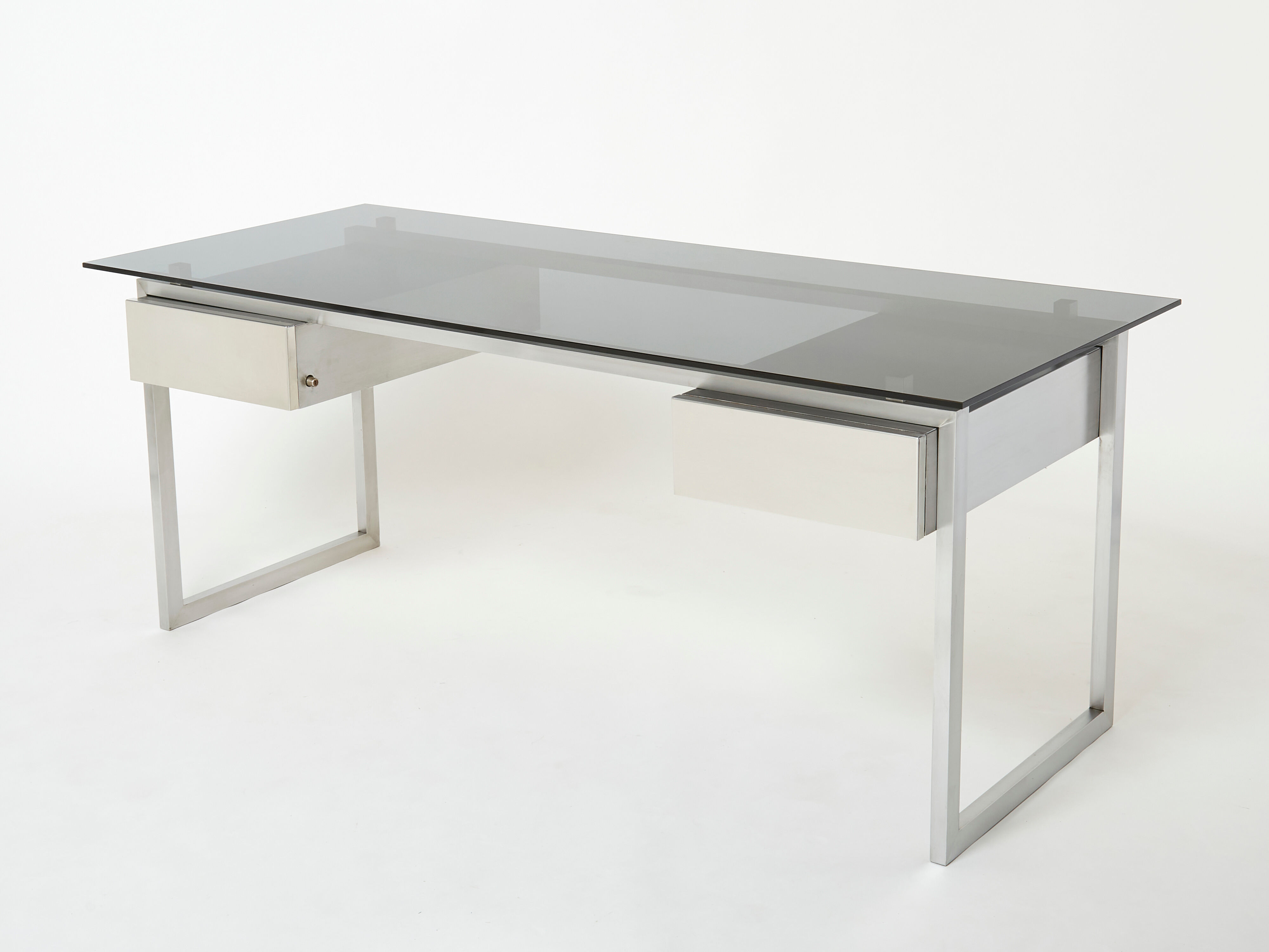 Desk stainless steel brushed gray smoked glass by Patrice Maffei for Kappa 1970
