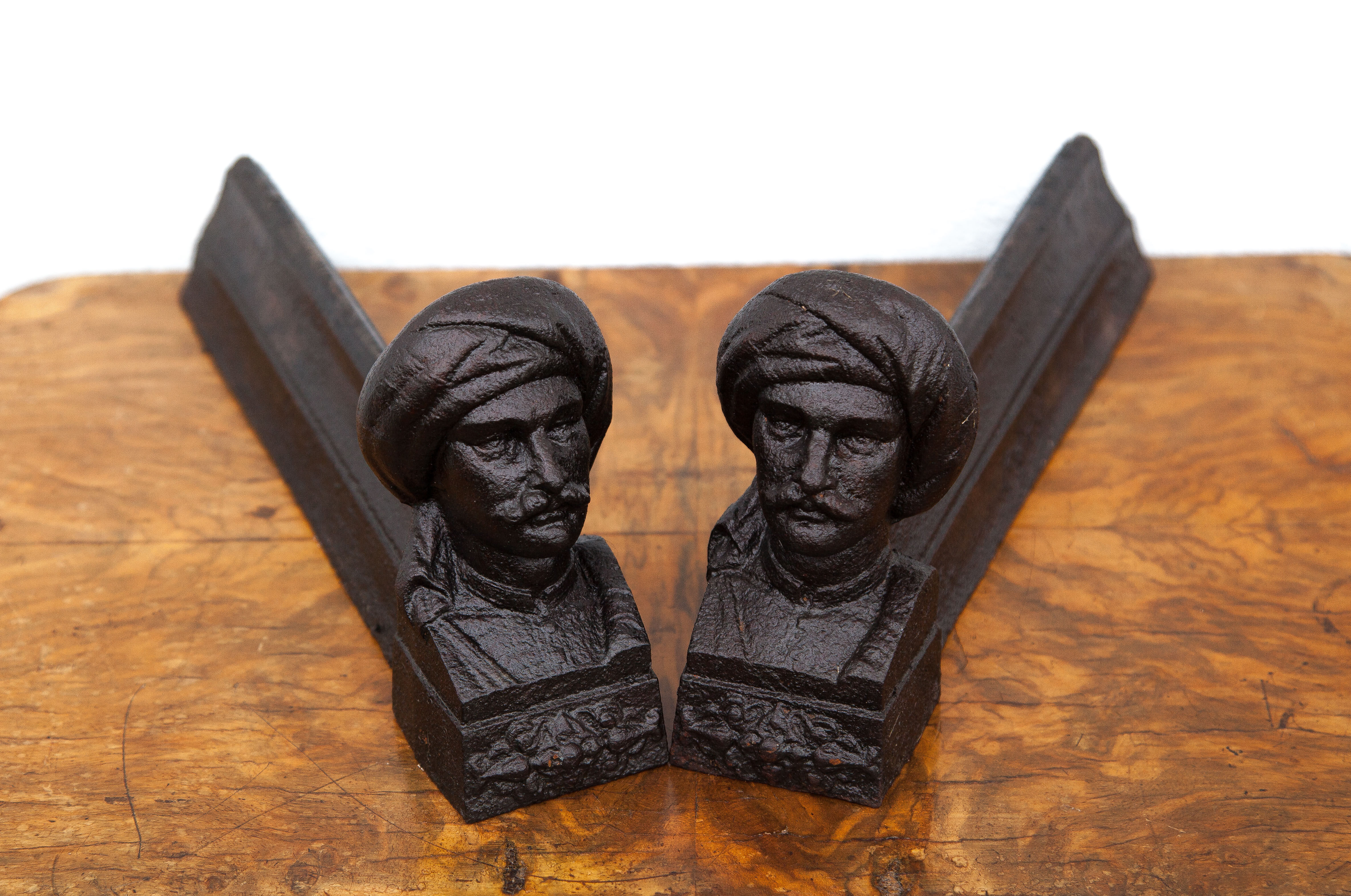 Vintage fireplace chenets, cast-cast chenets with oriental character