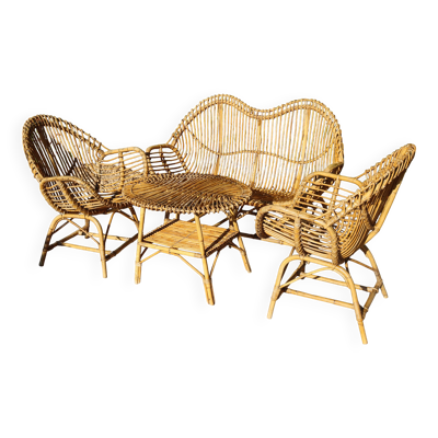 Salon de jardin en rotin et bambou attribué à Franco Albini, Italie 1960
