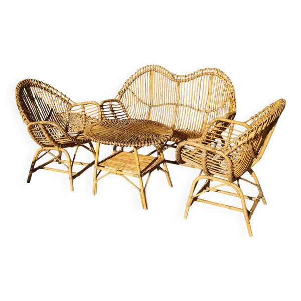 Salon de jardin en rotin et bambou attribué à Franco Albini, Italie 1960
