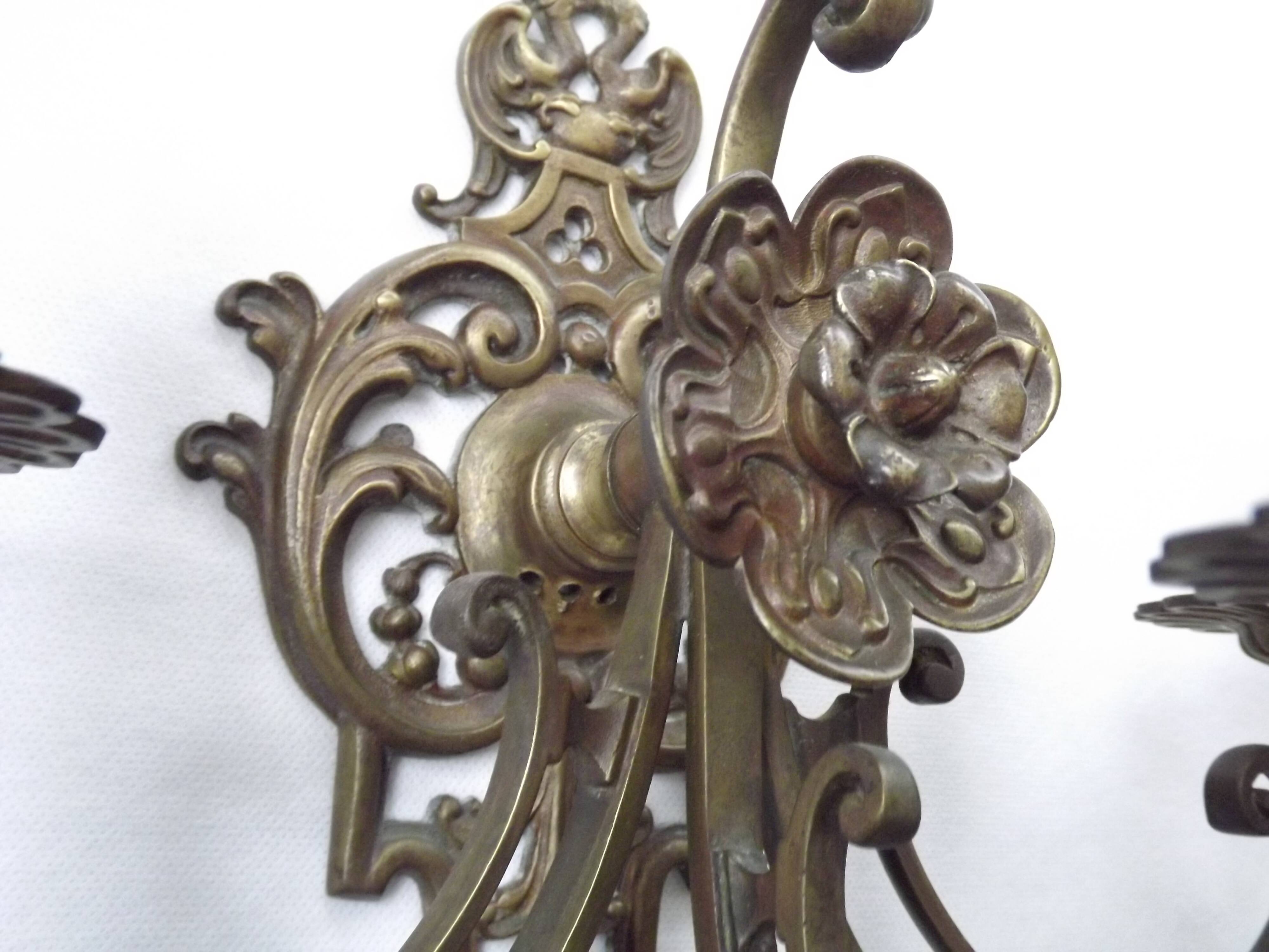 Pair of Heavy Victorian Bronze Triple Wall Sconces Griffin & Flower Detail