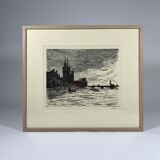 Lithographie paysage anglais du XIXème siècle "Parlement de Londres"  par Maximilien Luce