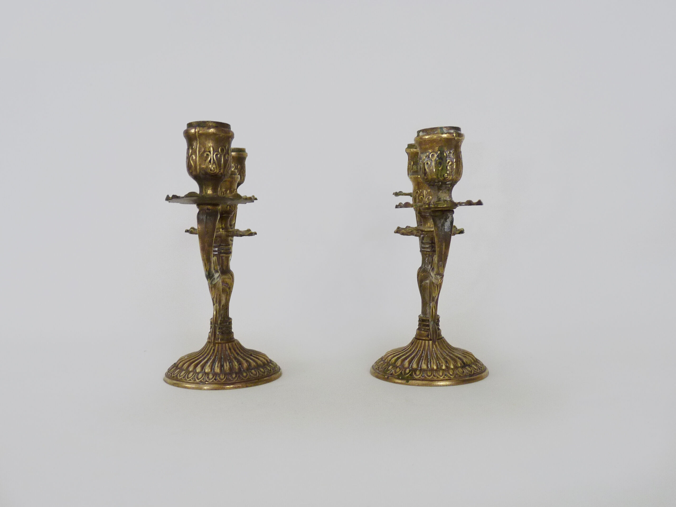 Pair of old candle holders with 3 branches in bronze, year 50/60