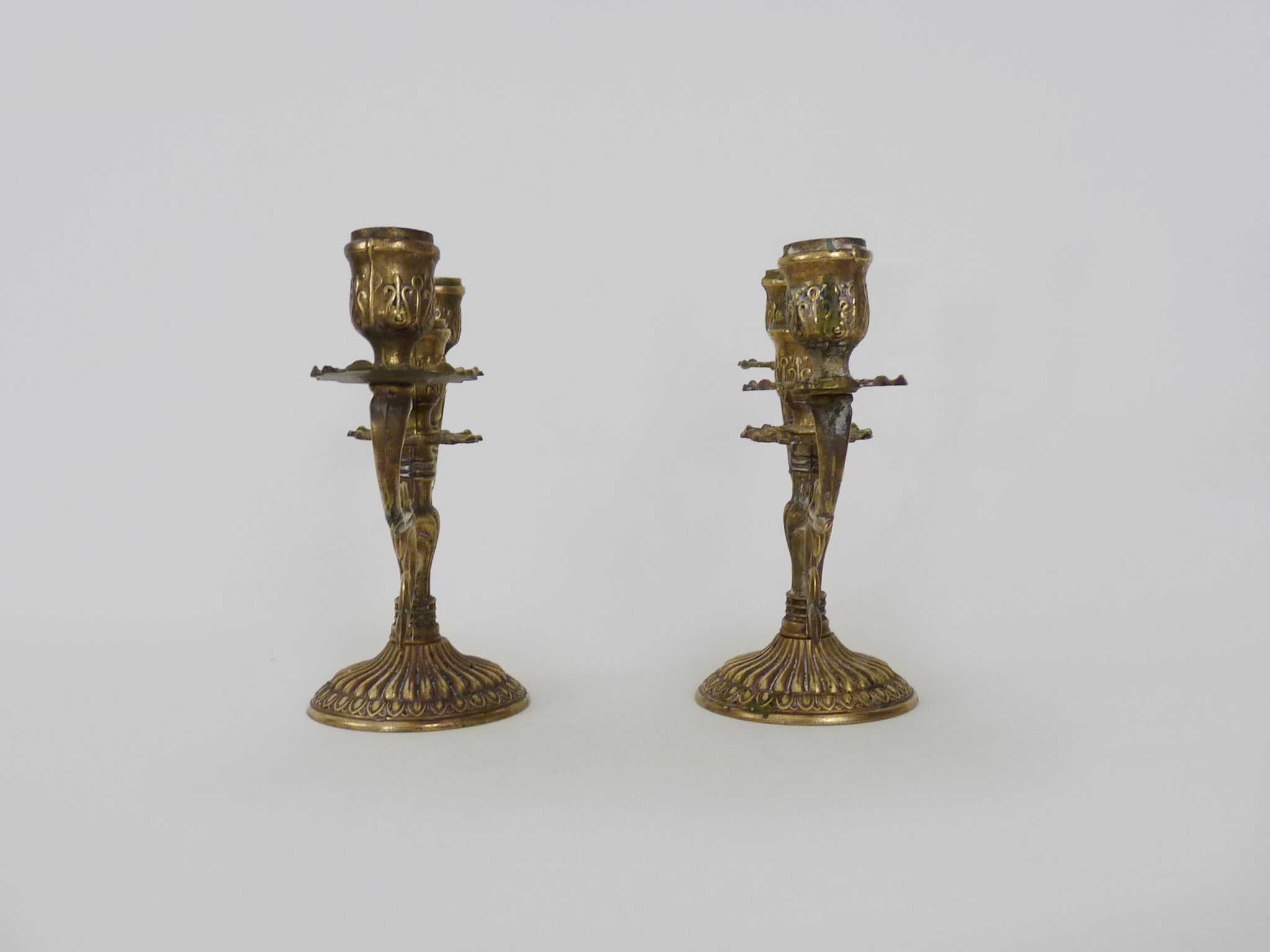 Pair of old candle holders with 3 branches in bronze, year 50/60