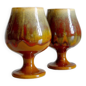 Duo of vintage flamed ceramic cognac glasses