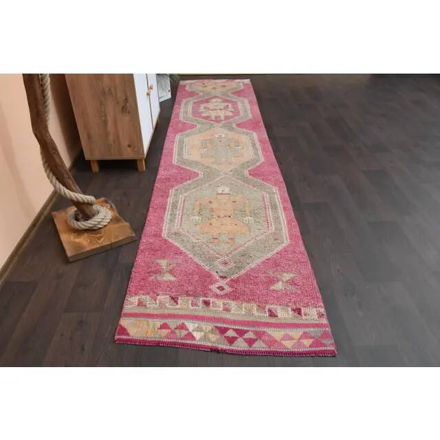 Vintage Turkish Oushak handmade wool cotton pink runner rug 85x370