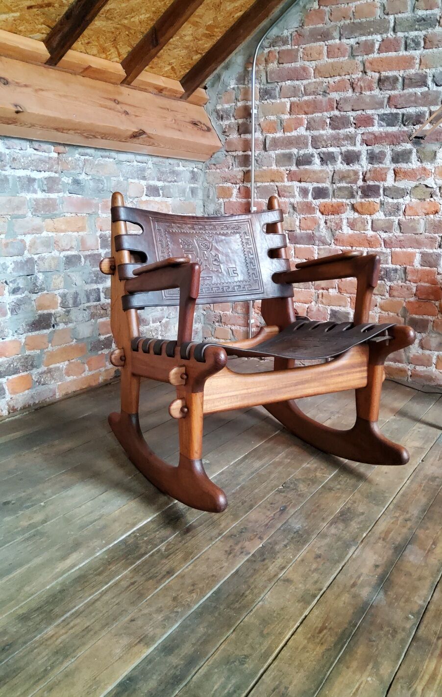 Vintage leather rocking chair by Angel Pazmino 1960