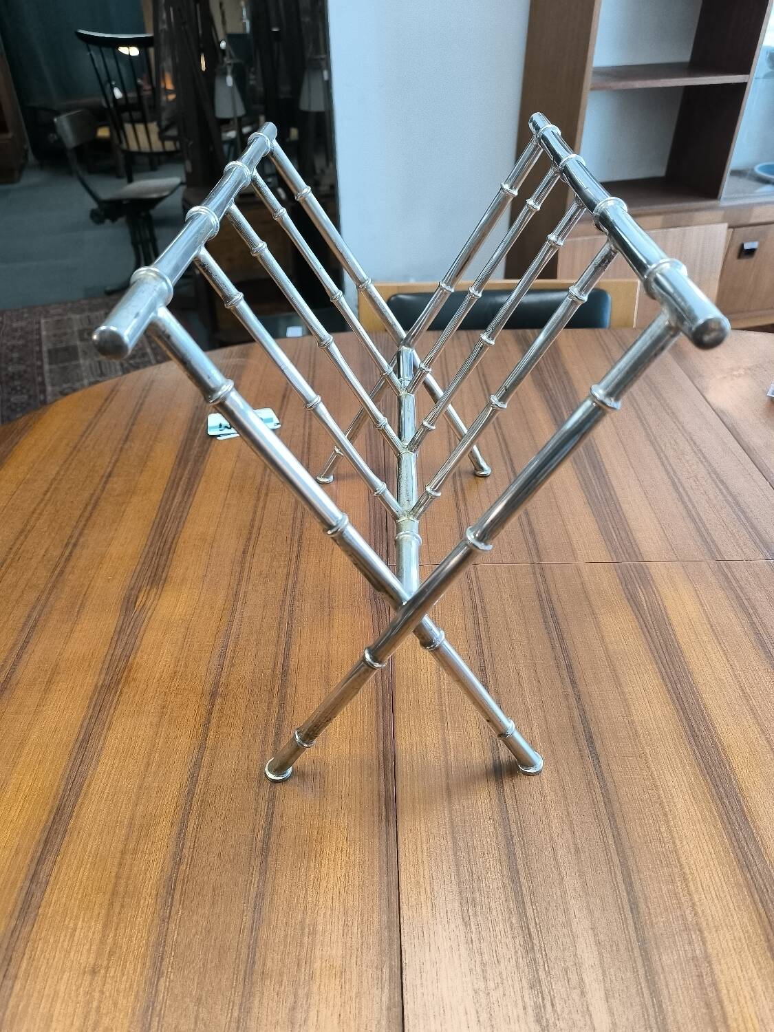 Chrome-plated brass magazine rack circa 1970