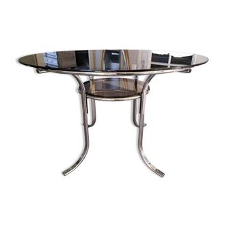 Table ronde en métal chromé et verres fumés