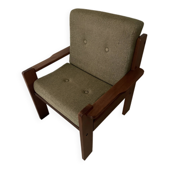 Fauteuil vintage vert tissus et bois