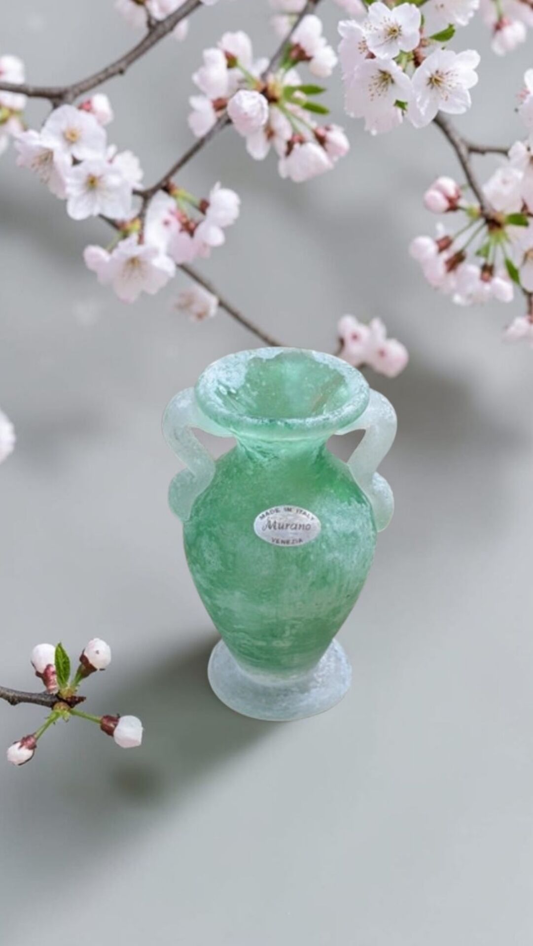 Small green Murano vase with handles – blown glass - "scavo" type