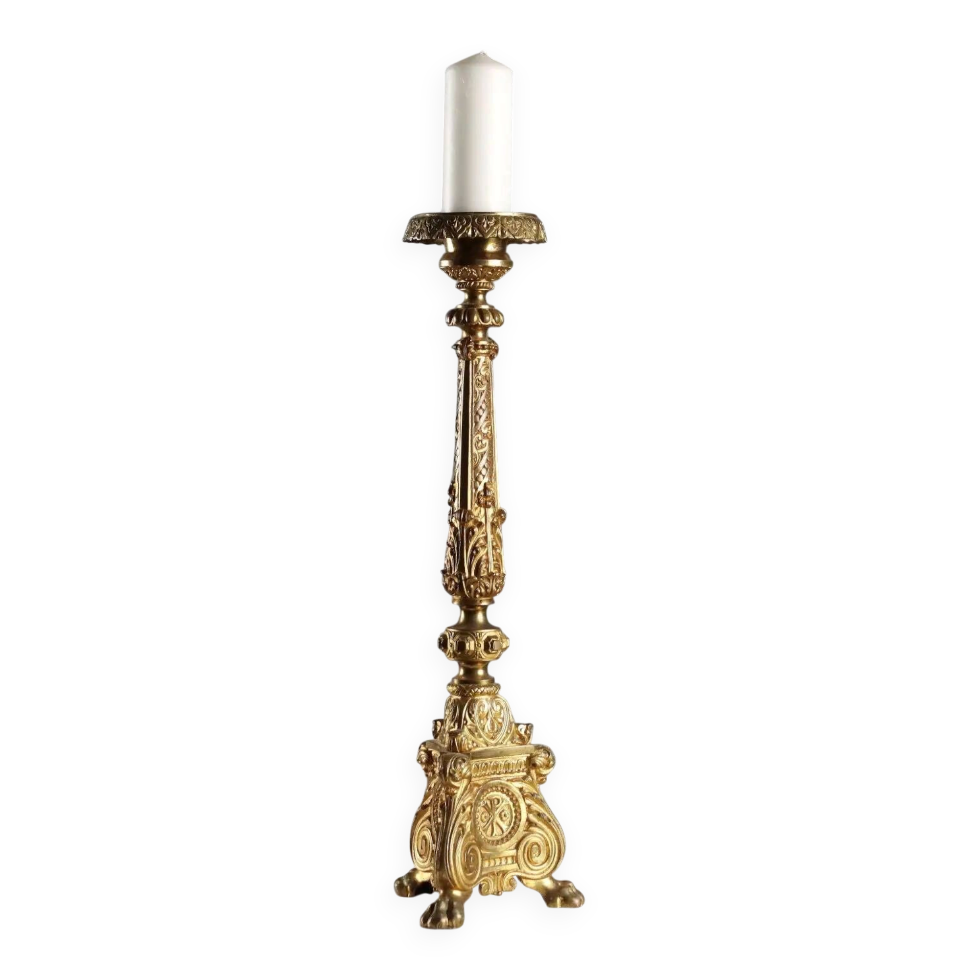 Antique gilded bronze candelabrum, 19th-century decorations.