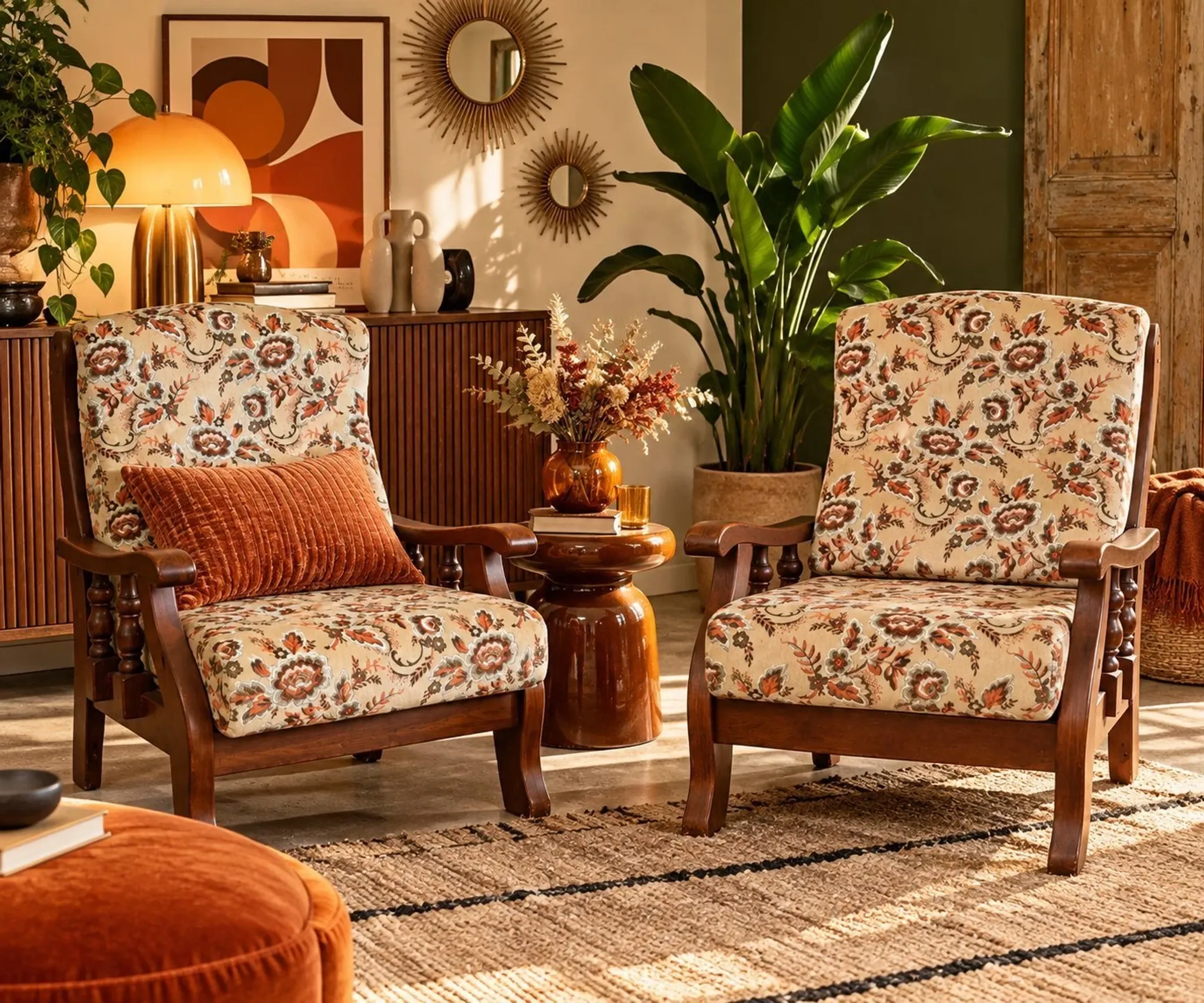 Pair of vintage 70s lounge chairs in wood & floral fabric
