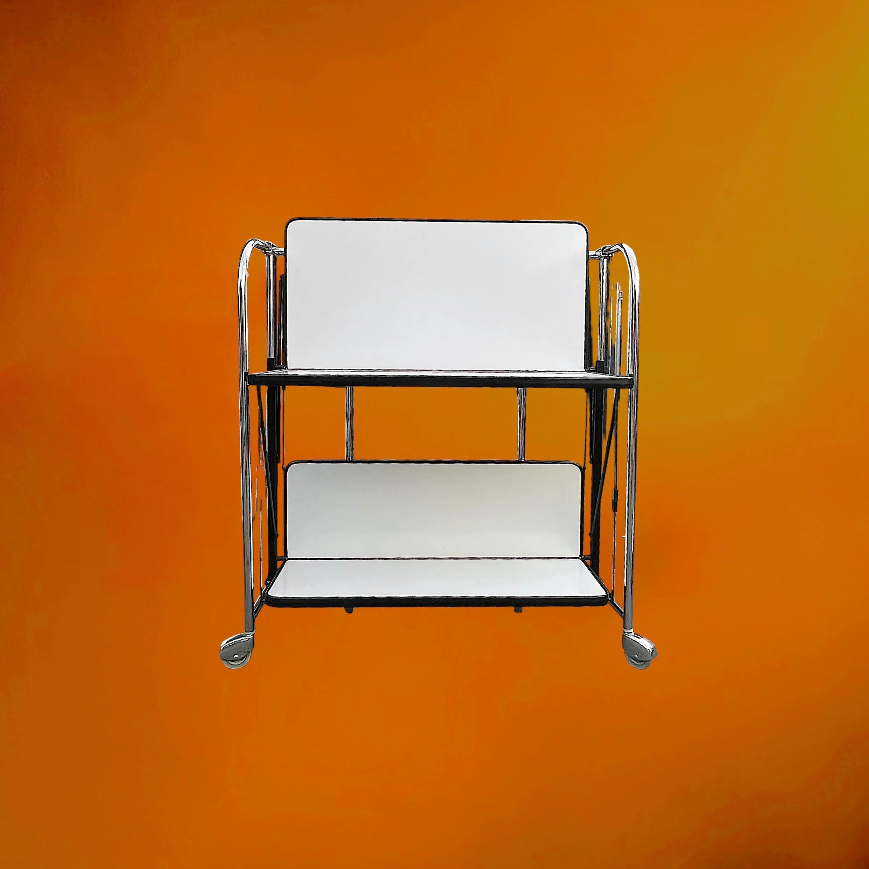 Folding rolling dessert trolley in white formica and chrome metal – 1950s-60s