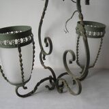 Ancienne lanterne lustre luminaire 2 feux fer forgé tulipe verre déco hall entrée rétro