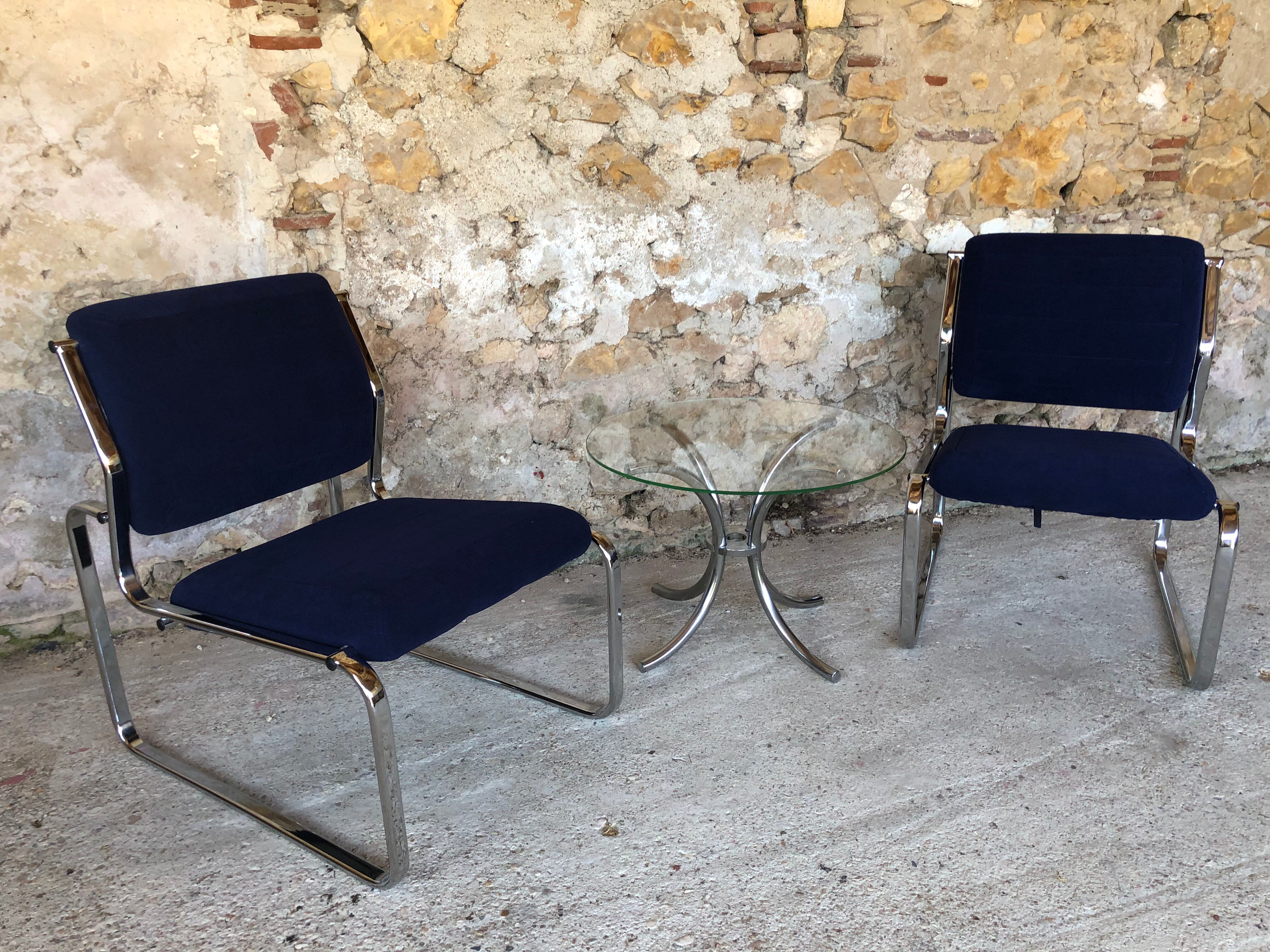 Pair of vintage chrome and blue microfibre armchairs circa 70