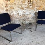 Pair of vintage chrome and blue microfibre armchairs circa 70