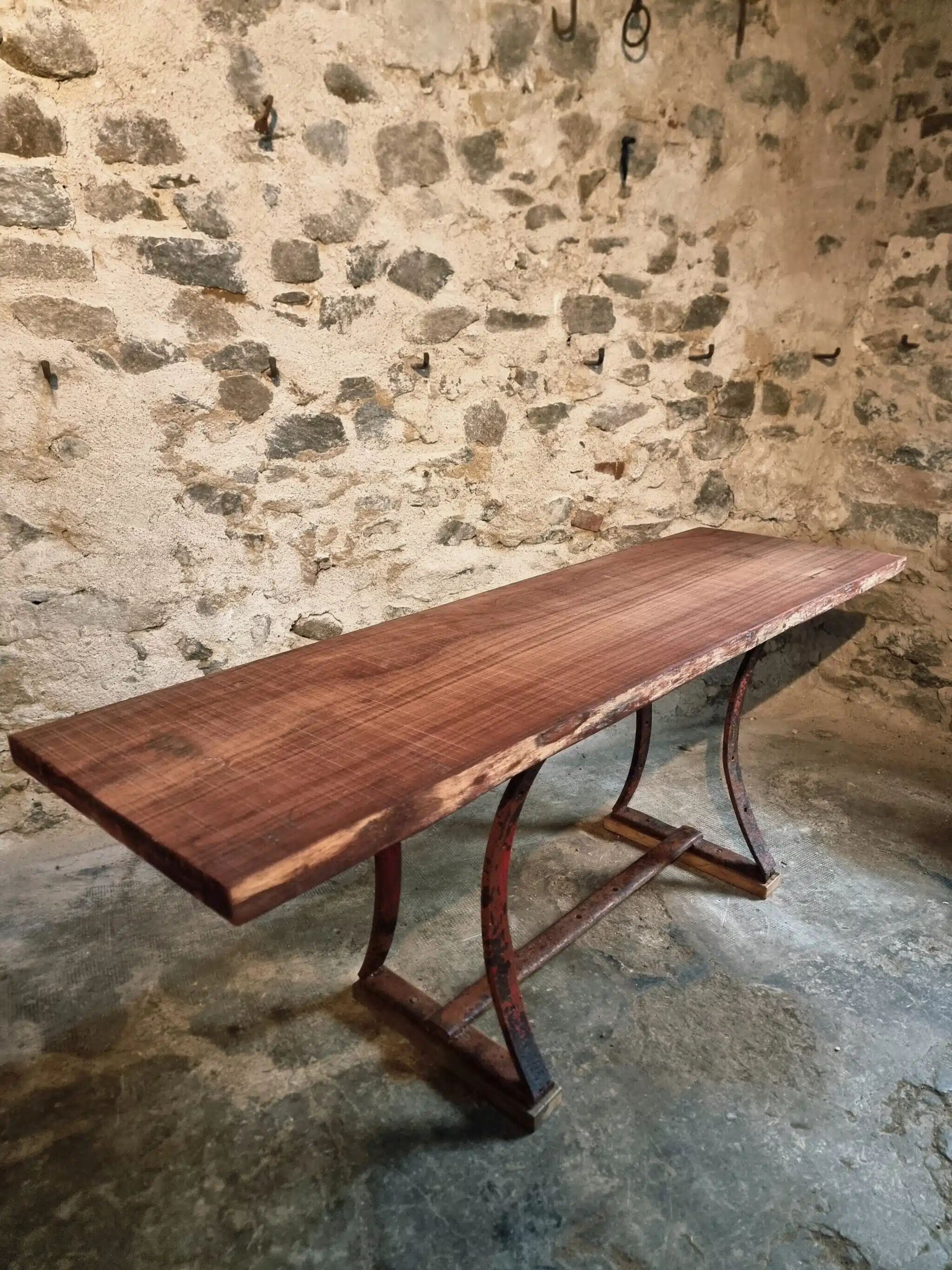 Vintage industrial table – Iron base and solid wood top (201 cm)