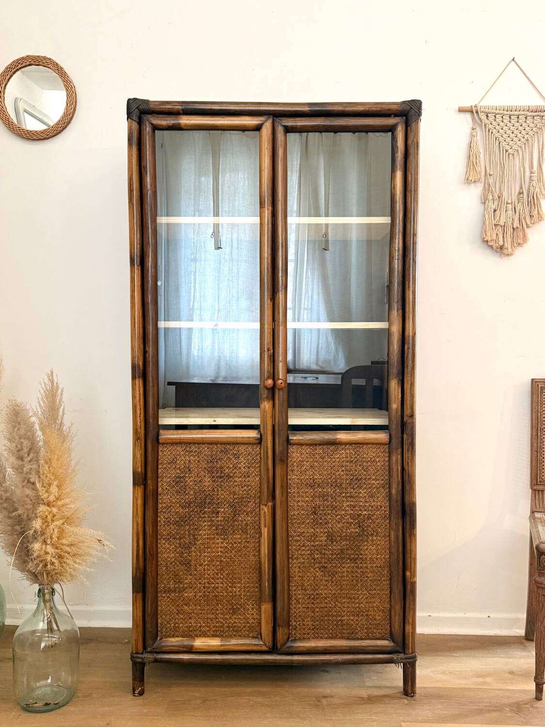 Glass cabinet in bamboo and cane