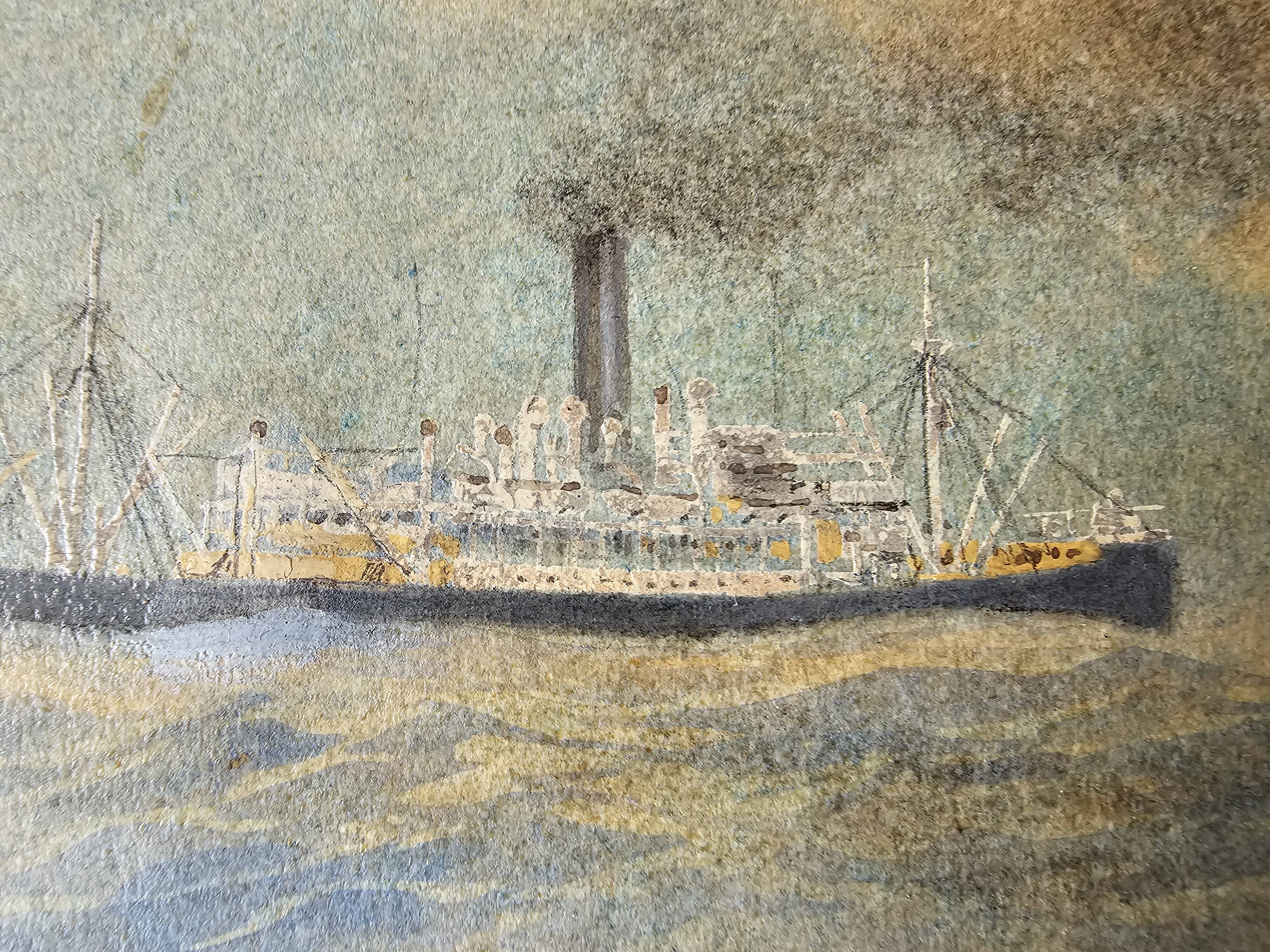Watercolor of a liner at sea signed taboureau georges known as sandy-hook (1879-1960)