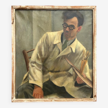 Peinture sur toile - tableau auto portrait d’un artiste peintre des années 1940-50