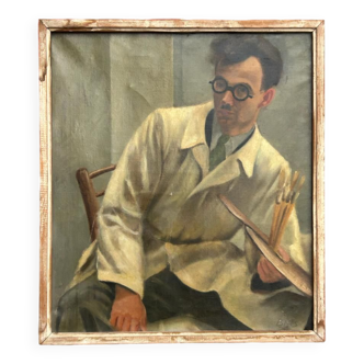 Peinture sur toile - tableau auto portrait d’un artiste peintre des années 1940-50