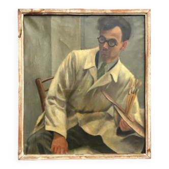 Painting on canvas - self-painting portrait of a painter of the years 1940-50