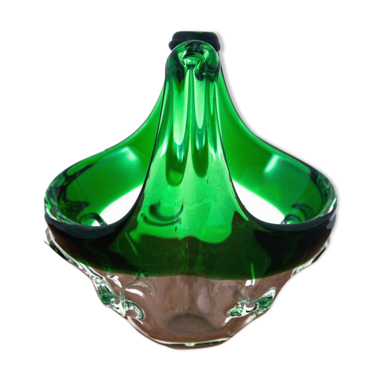 Glass green decorative basket, Czechoslovakia, 1960s