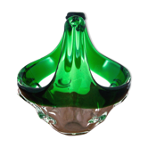 Glass green decorative basket, Czechoslovakia, 1960s