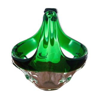 Glass green decorative basket, Czechoslovakia, 1960s