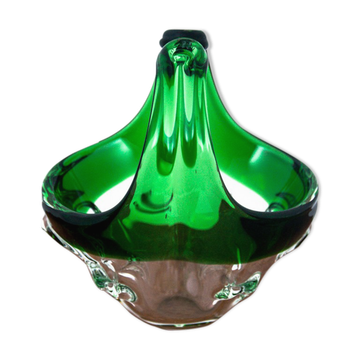 Panier décoratif vert verre, Tchécoslovaquie, années 1960