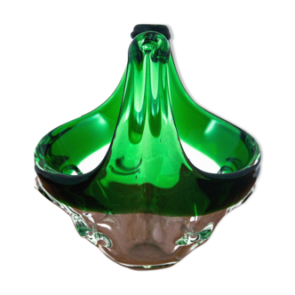 Panier décoratif vert verre, Tchécoslovaquie, années 1960