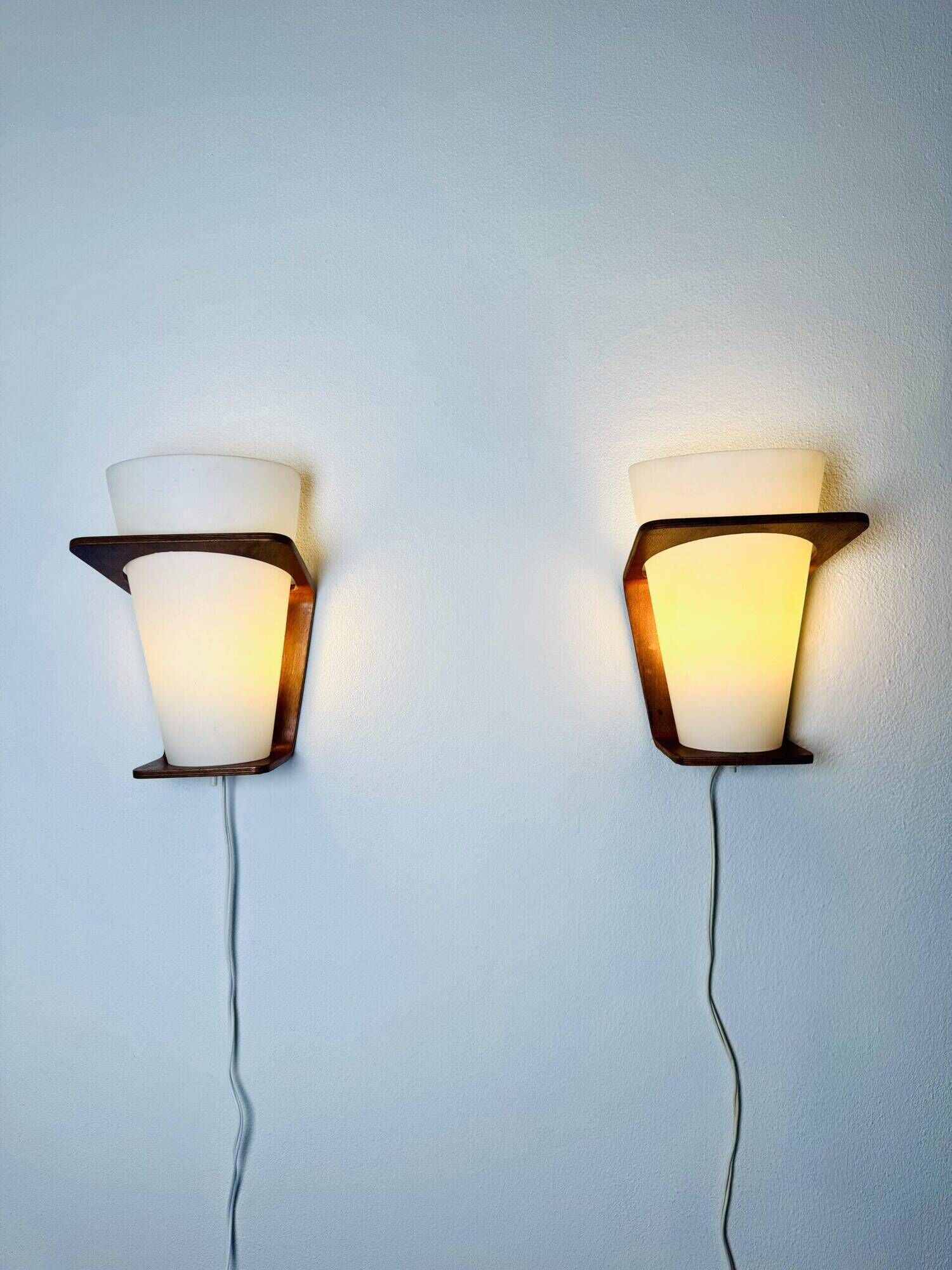 Nx41 Wood And Curved Glass Wall Lamps By Louis Kalff For Philips, The Netherlands 1950S