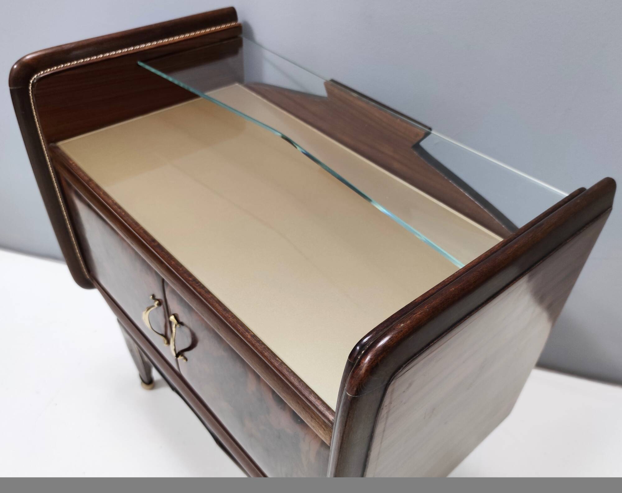 Pair of Walnut Nightstands with Golden Back-Painted Glass Top, Italy