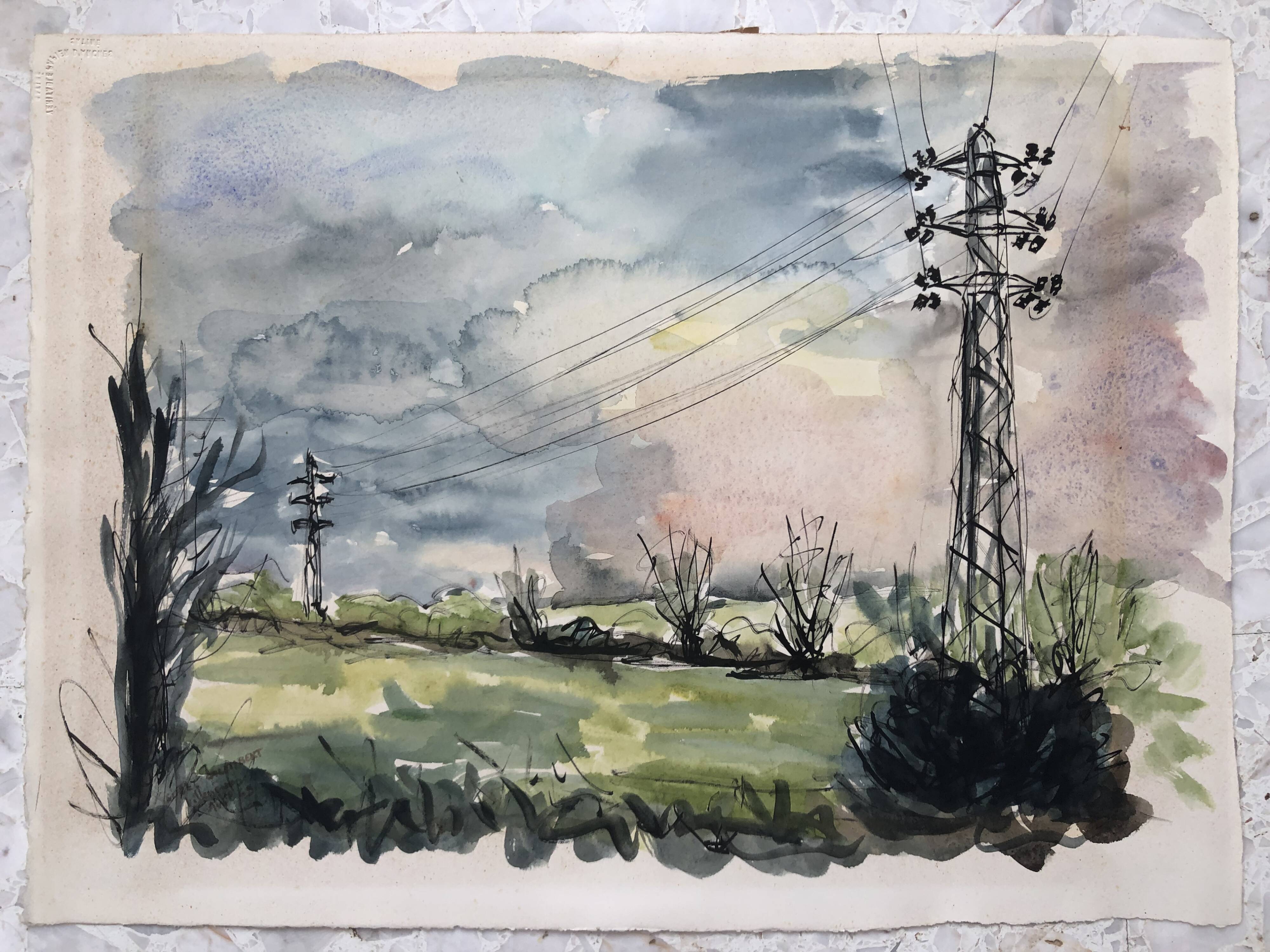 Watercolor & black ink landscape of villecresnes 94 val de marne, pylons, signed suzel calembert
