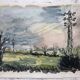 Aquarelle & encre noire paysage de villecresnes 94 val de marne, pylônes, signé suzel calembert
