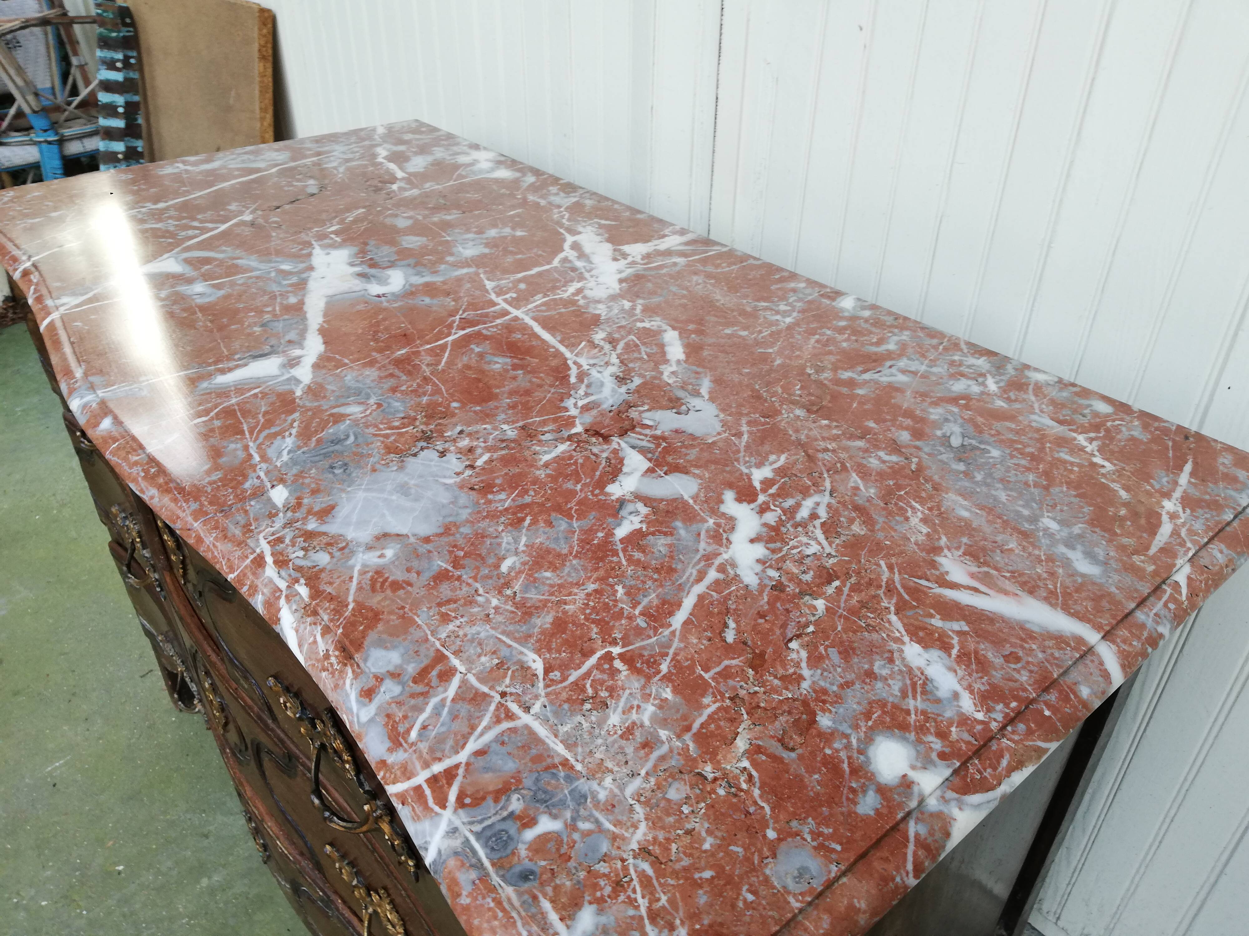 Louis XVI style curved chest of drawers, wooden structure and marble top