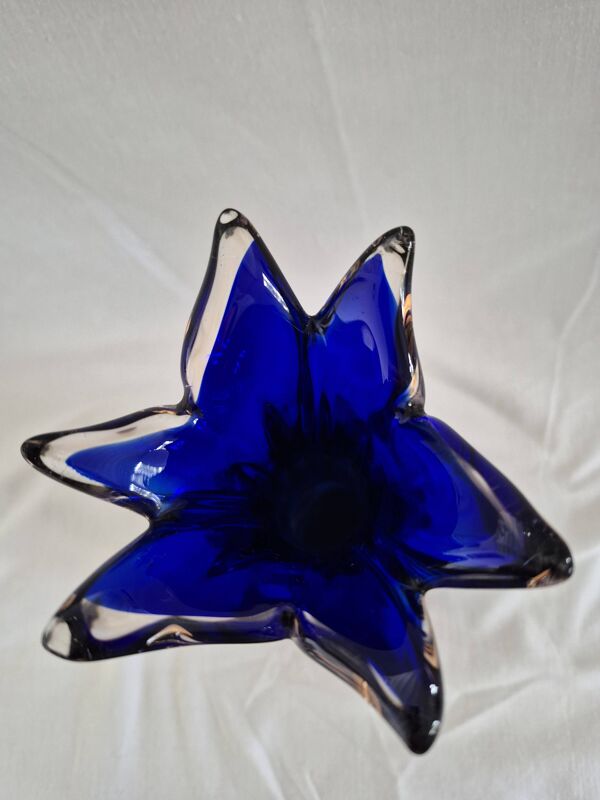 Vase vintage verre soufflé bleu cobalt et ambré style Murano