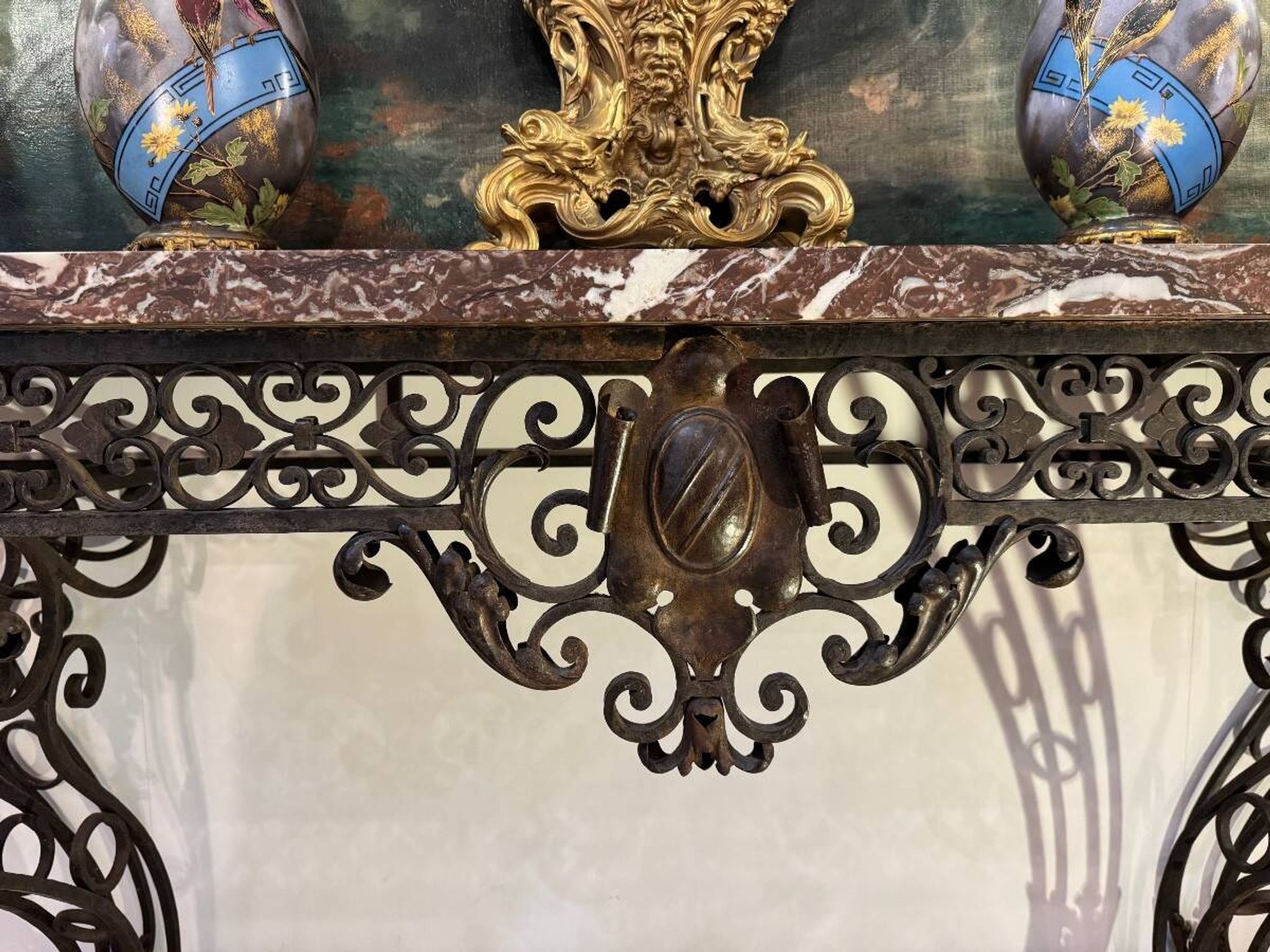 Console in wrought iron from the Napoleonic III period with a red Rance marble top.