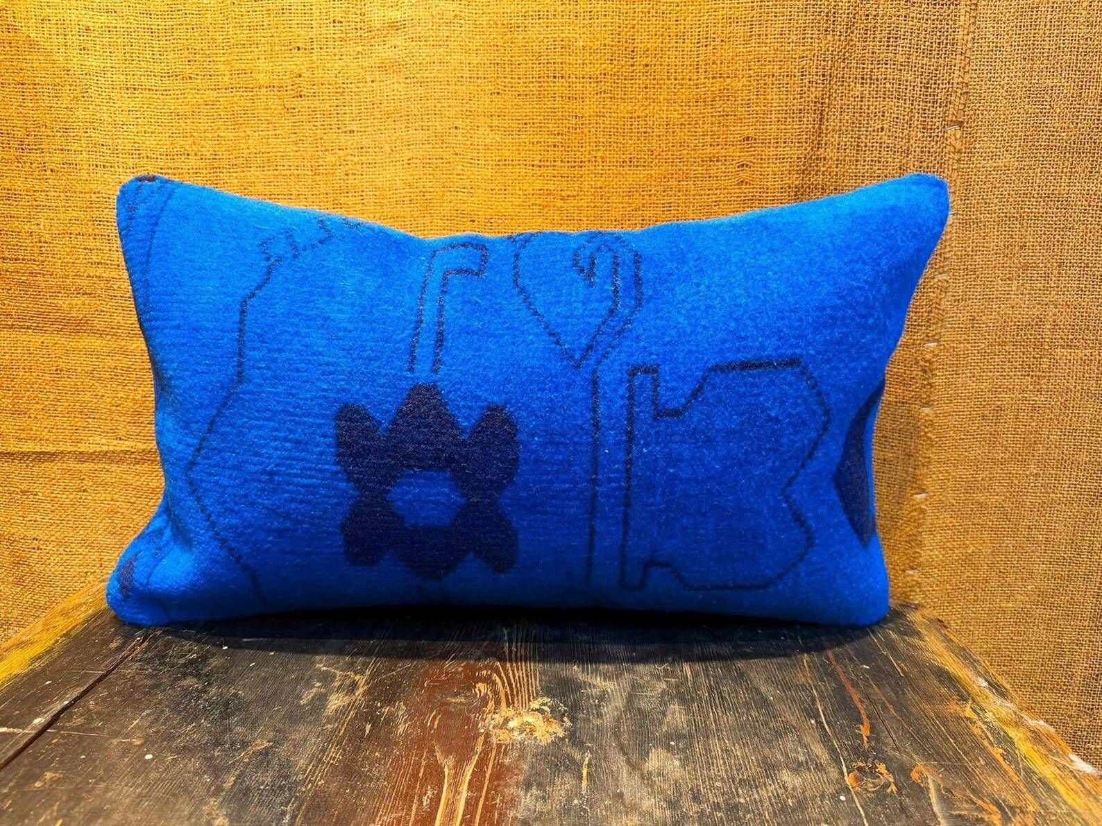 Vintage Wool Lumbar Pillow, Geometric Tribal Navy Cushion 12x20