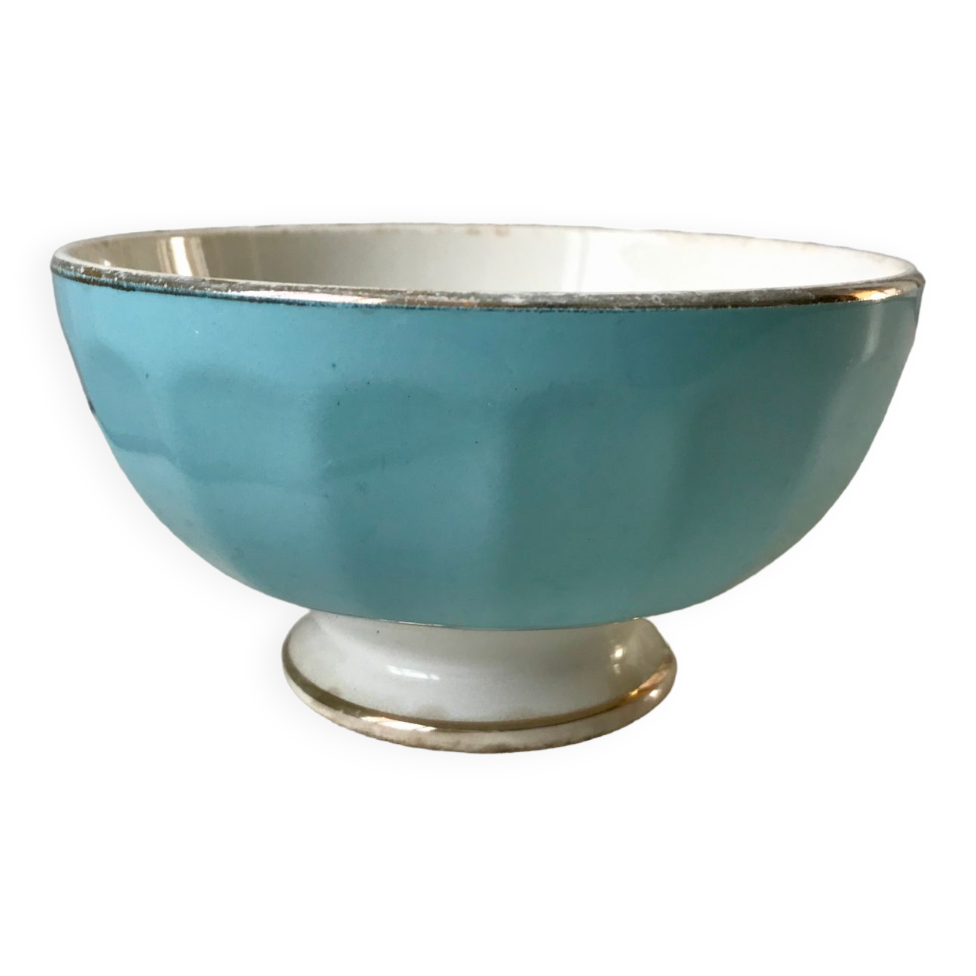 earthenware bowl Moulins des Loups sky blue and edging 40s-50s