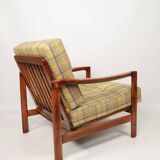 Fauteuil vintage Mid Century Design avec coussins en laine tartan jaune, Pologne, 1960