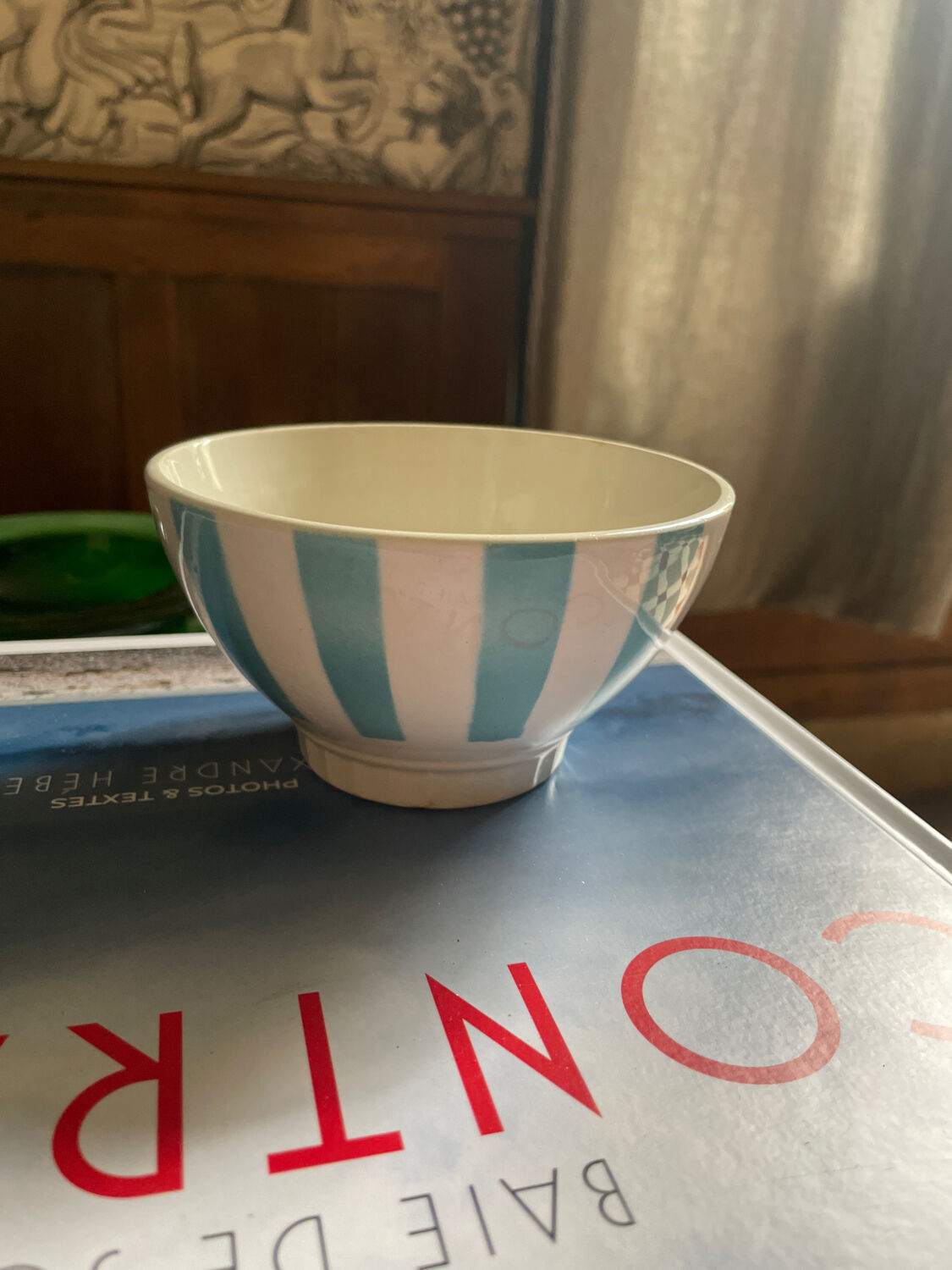 Vintage bowl with sky blue stripes