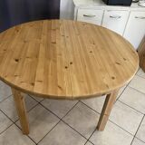 Round table 117cm extendable with a solid pine extension, vintage from the 1970s.