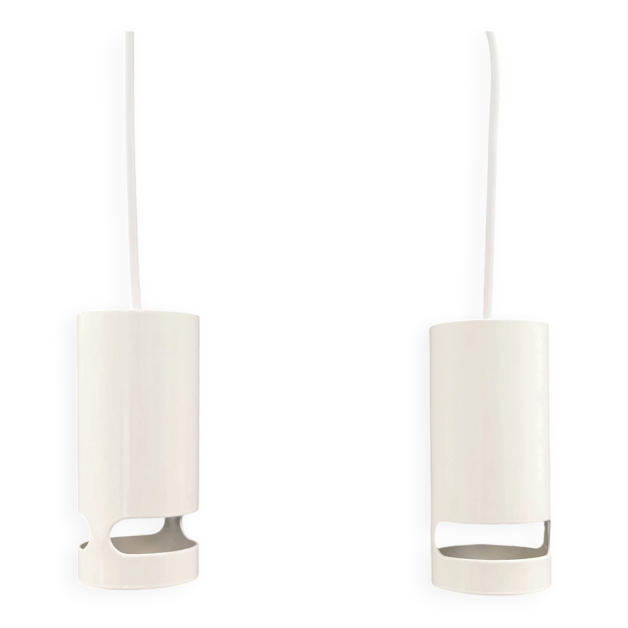 Two small cylindrical hanging lamps in white powder-coated 1980s